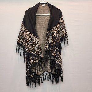 Keren Hart Shawl Poncho Black Leopard Print Tassel Womens Medium